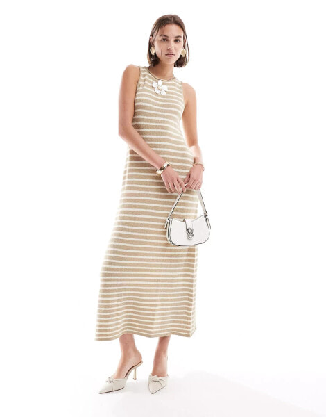 Pretty Lavish fine knit midaxi dress in beige and cream stripe