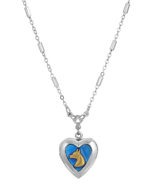 Blue Enamel Heart-Shaped Horse Locket Necklace