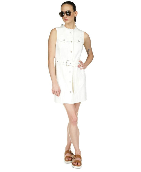 Women's Frayed-Neck Denim Sleeveless Dress