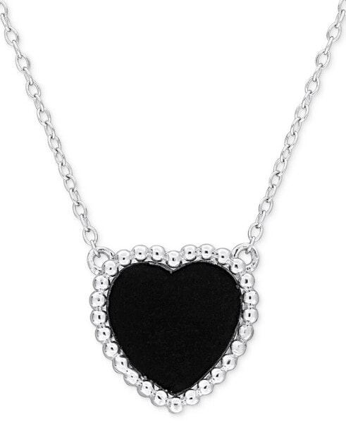 Black Agate (5 ct. t.w.) Heart Bead Frame 17" Pendant Necklace in Sterling Silver