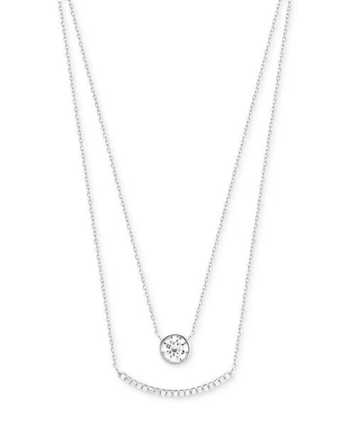 Cubic Zirconia Bezel & Curved Bar Layered Necklace in Sterling Silver, 16" + 2" extender