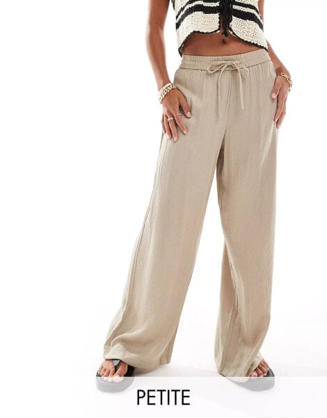 Vila Petite weighted plisse satin feel wide leg trousers in beige