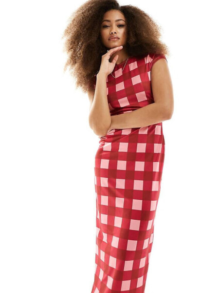 The Frolic short sleeve column maxi dress in red and pink check