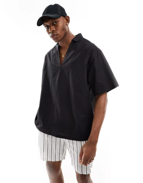 ASOS DESIGN short sleeve oversized linen blend overhead shirt in black