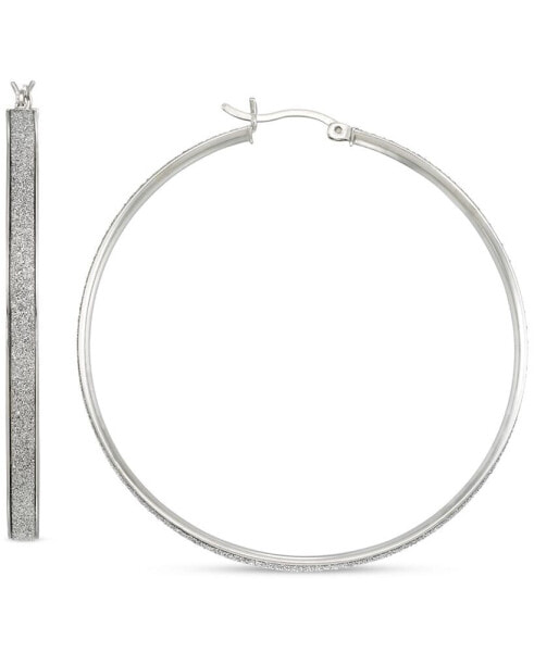 Glitter Round Medium Hoop Earrings in Sterling Silver, 2"