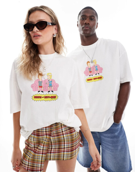 ASOS DESIGN unisex oversized license t-shirt with Beavis and Butt-head prints in off white