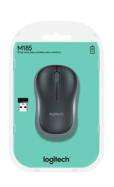 Logitech Wireless Mouse M185 - Ambidextrous - Optical - RF Wireless - 1000 DPI - Black - Grey
