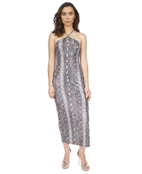 Women's Snakeskin-Print Chain Halter Maxi Dress