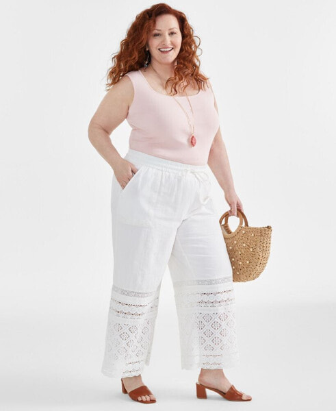 Plus Size Cotton Crochet Wide-Leg Pants, Created for Macy's