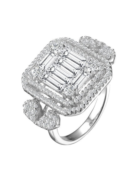 Sterling Silver White Gold Plated Clear Baguette and Round Cubic Zirconia's Double Halo Clustered Cocktail Ring