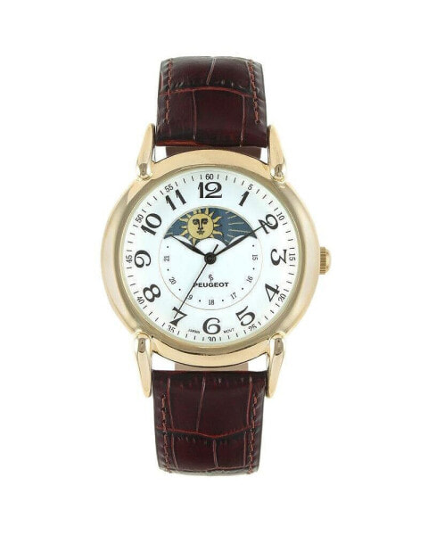 Men's 40mm Vintage Like White Dial Sun Moon Brown Leather Strap Watch
