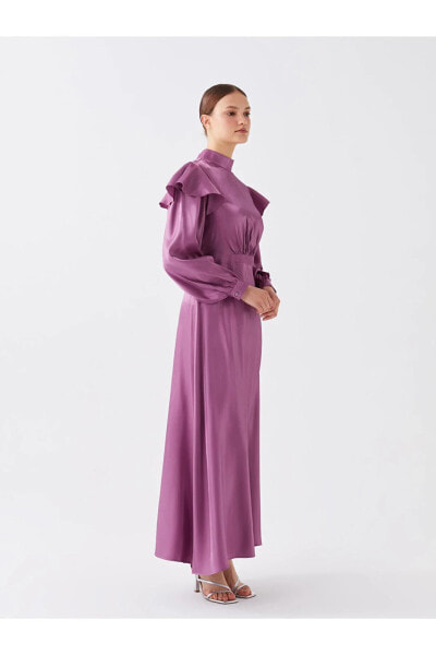 Dik Yaka Düz Uzun Kollu Saten Kadın Elbise