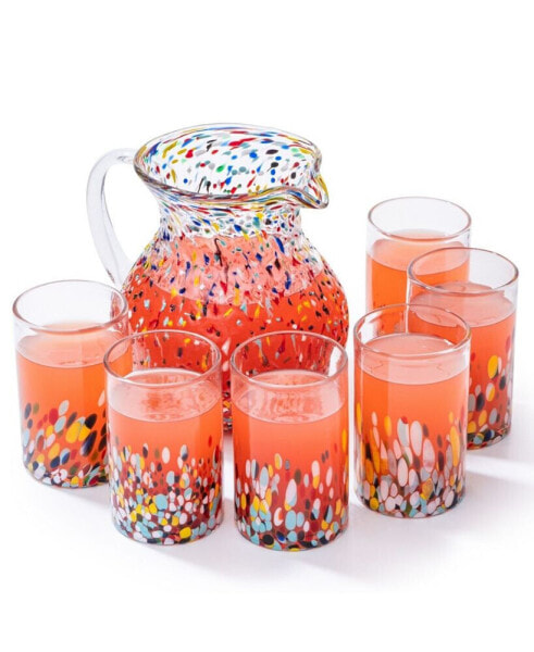 Hand Blown Mexican Drinking Glasses and Pitcher, 6 Piece Set