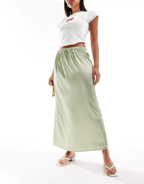 Pieces drawstring satin midi skirt in tea green