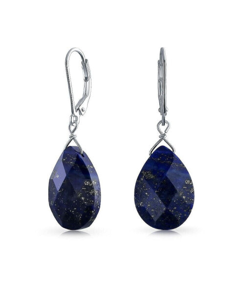 Blue Natural Lapis Lazuli Faceted Teardrop Pear Shaped Drop Dangle Lever back Earrings For Women Sterling Silver