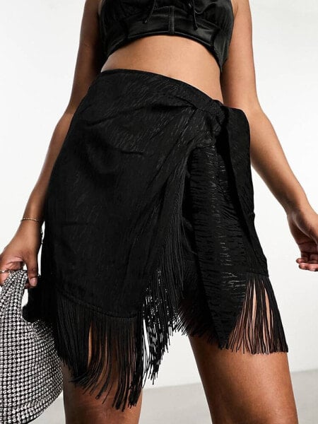 Edited satin jacquard fringe mini skirt in black