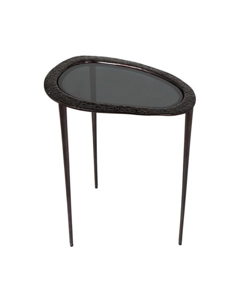 23" x 15" x 23" Aluminum Abstract Oval Shaped Shaded Glass Top and Detailed Engravings Accent Table