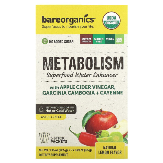 BareOrganics, Метаболизм, суперпродукты, улучшающие содержание воды, натуральный лимон, 5 пакетиков в стиках по 6,5 г (0,23 унции)