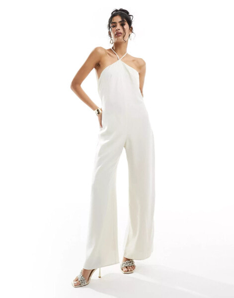 Pretty Lavish halterneck wide leg satin jumpsuit in oyster