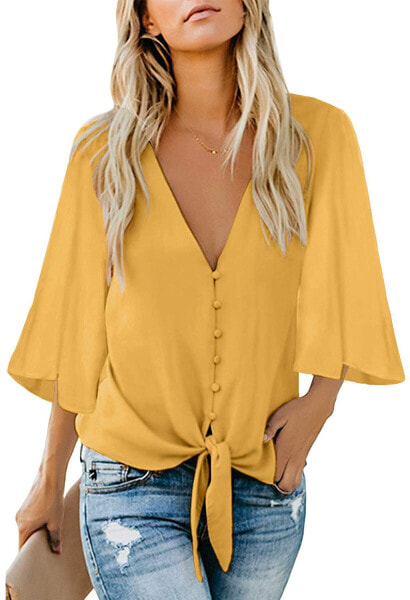 Roskiky Women's Chiffon Blouse Elegant V-Neck Bell Sleeve Batwing Sleeve Tops Shirt Loose Tops with 3 4 Sleeves