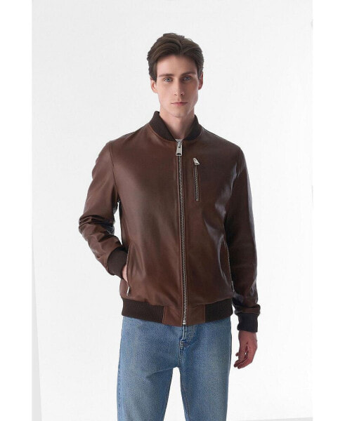 Men's Genuine Leather Bomber Jacket, Tan