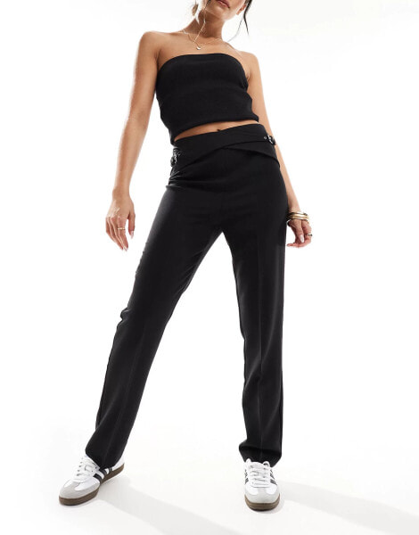 ASOS DESIGN straight leg trouser with strappy belt detail in black