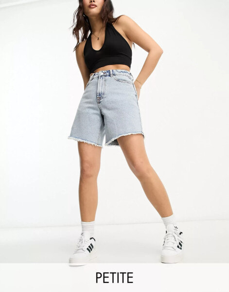 Miss Selfridge petite long line denim short in acid wash