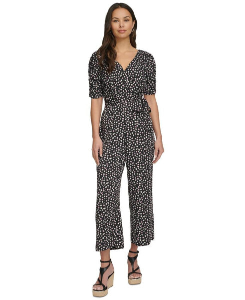 Women's Printed Ruched-Sleeve Cropped Jumpsuit