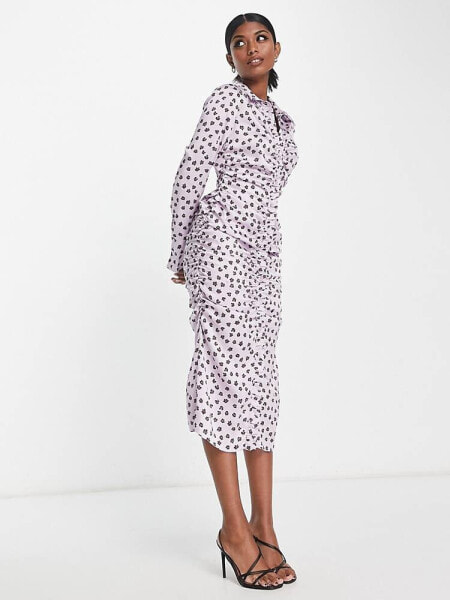 ASOS DESIGN gathered waist midi satin shirt dress in lilac floral