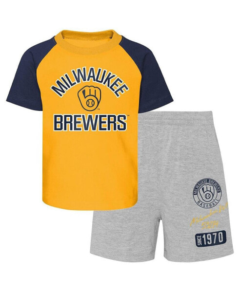 Toddler Boys and Girls Gold and Heather Gray Milwaukee Brewers Two-Piece Groundout Baller Raglan T-shirt and Shorts Set