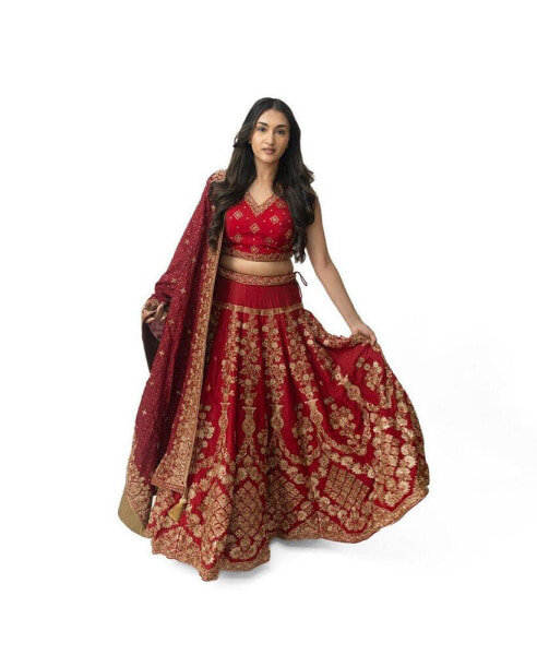 Women's Red Hand Embroidered Bridal Lehenga Choli Set