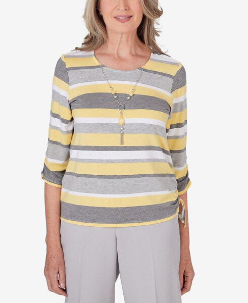 Petite Charleston Striped Ruched Side Necklace Top