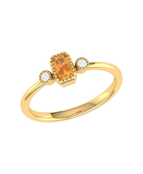 Emerald Cut Citrine Gemstone, Natural Diamonds Birthstone Ring in 14K Yellow Gold