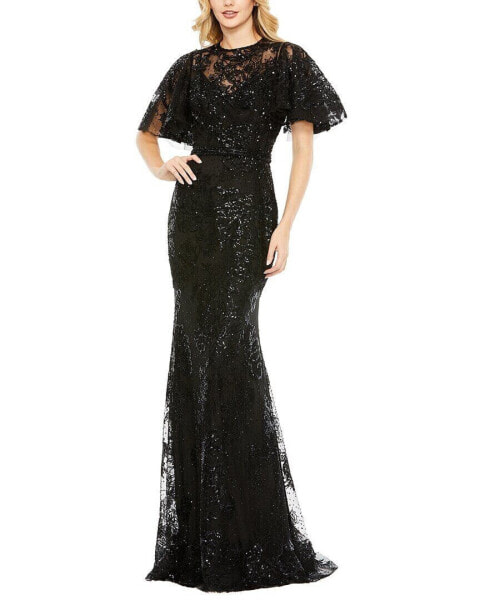 Mac Duggal Embellished Flutter Sleeve High Neck Gown Women's 8