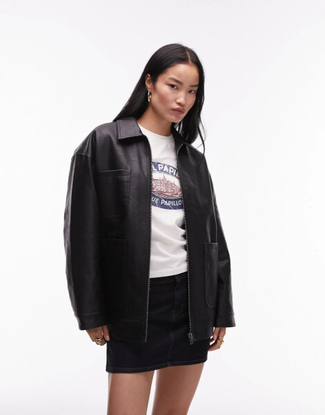 Topshop – Kunstleder-Jacke im 80er-Stil in Schwarz mit Reißverschluss und aufgesetzten Taschen