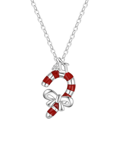 Cubic Zirconia and Red Enamel Candycane Pendant Necklace