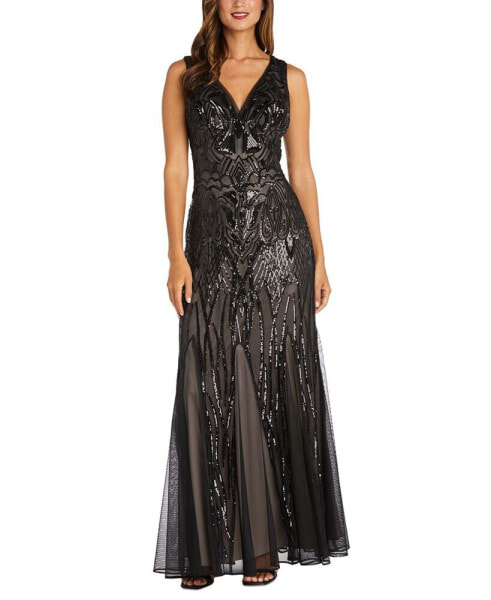 Women's Sequined V-Neck Godet Gown