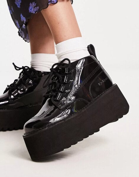 Kickers Kick platform boots in black holographic patent