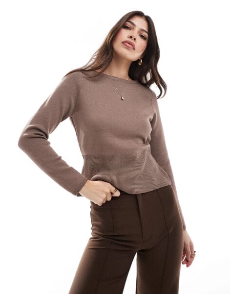 ASOS DESIGN boat neck jumper with cinched waist in brown