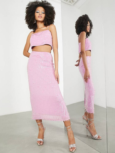 ASOS EDITION sequin pencil midi skirt in pink
