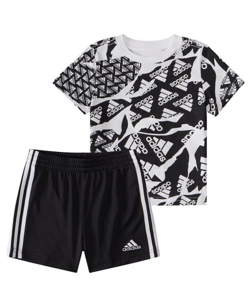 Baby Boys Printed T Shirt and 3 Stripe Shorts, 2 Piece Set
