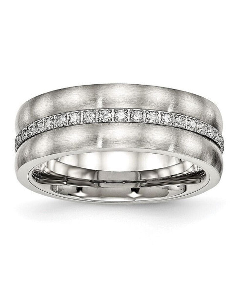 Stainless Steel Brushed Polished CZ Checkered 7.5mm Band Ring