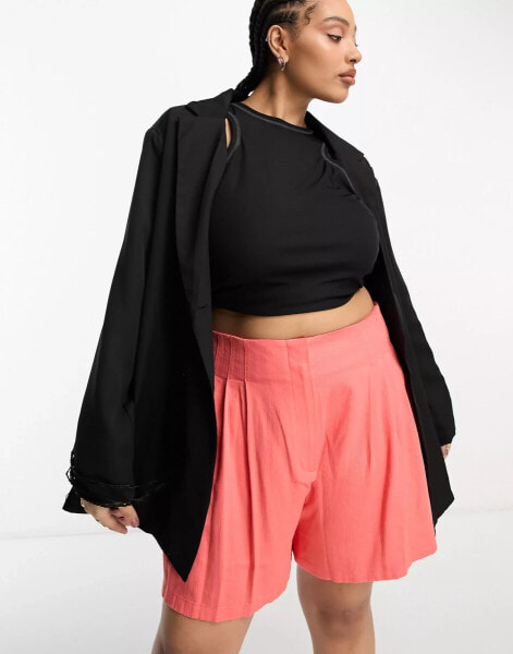 ASOS DESIGN Curve seamed waist short with linen in coral