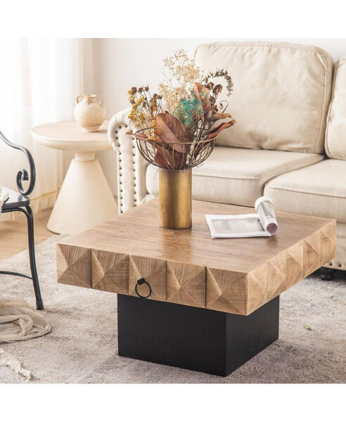 33.86"Three-Dimensional Embossed Pattern Square Retro Coffee Table With 2 Drawers And MDF Base