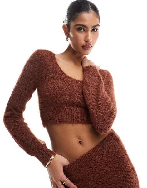 ASOS DESIGN crop jumper with scoop neck in fluffy yarn in toffee co-ord