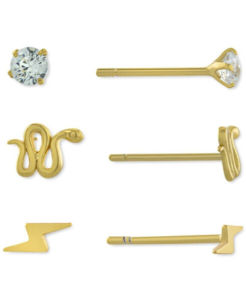 3-Pc. Set Cubic Zirconia, Snake, & Lightening Bolt Stud Earrings in Gold-Plated Sterling Silver, Created for Macy's