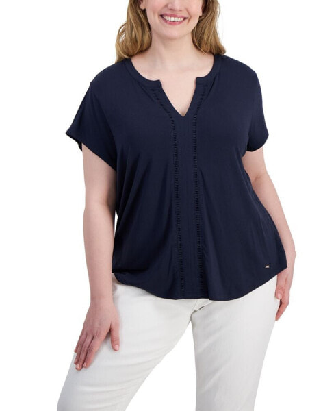 Plus Size Split-Neck Cap-Sleeve Top