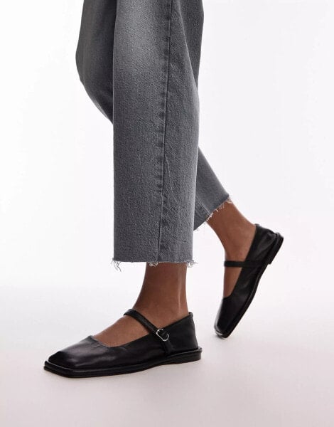 Topshop Betty leather square toe ballet flats in black