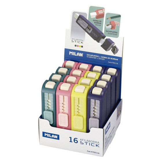MILAN Display Box 16 Erasers With Pencil Sharpener Stick
