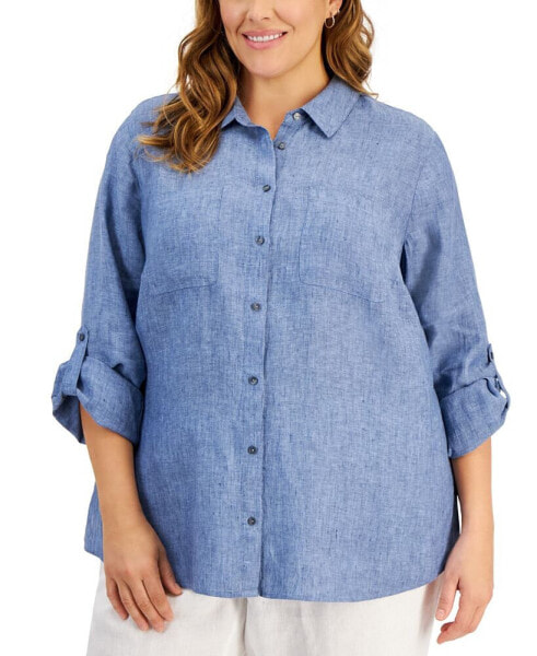 Plus Size 100% Linen Roll-Tab Shirt, Created for Macy's